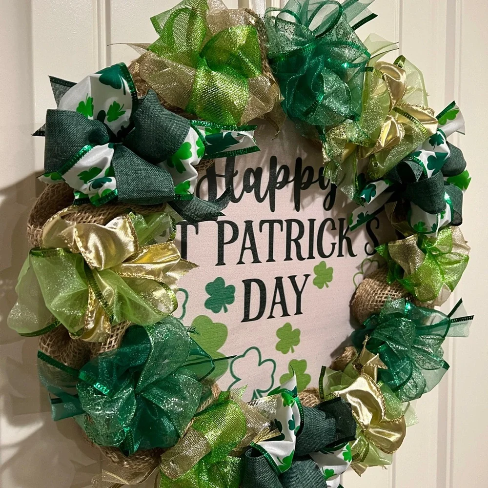 17” Happy St. Patrick’s Day Ribbon Wreath shamrocks in Green, White Handmade W4